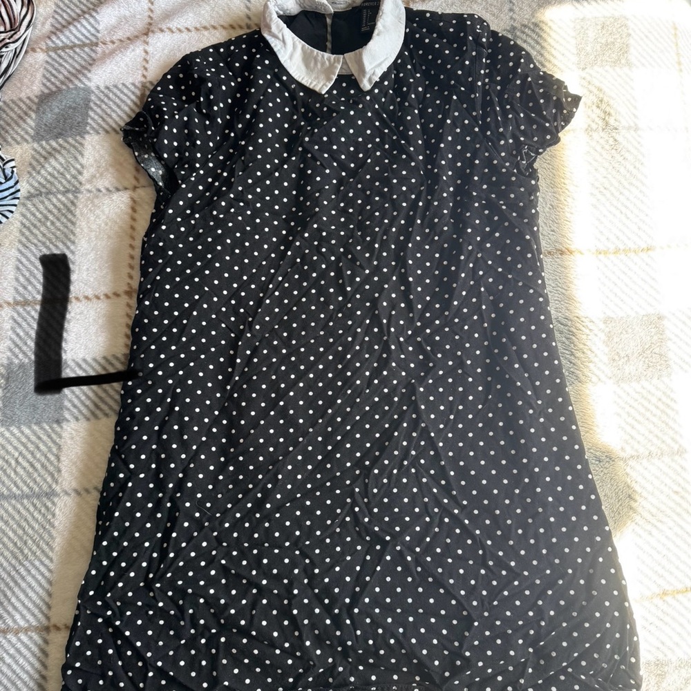 Polka Dot Black Dress with White Collar